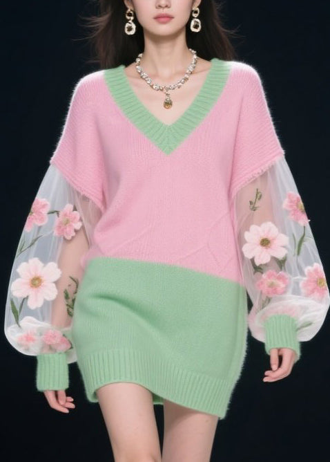 Colorblock V Neck Tulle Patchwork Knit Dress Fall
