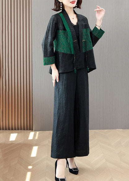 Boutique Black Tops and Wide Leg Pants Silk Two Piece Suit Set Spring