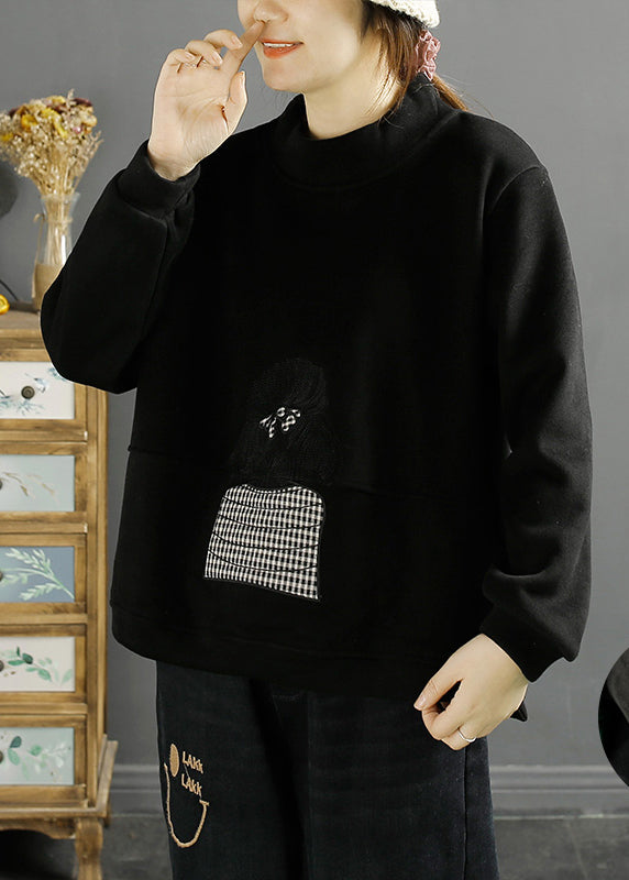 Classy Green Stand Collar Embroideried Warm Fleece Pullover Sweatshirt Winter