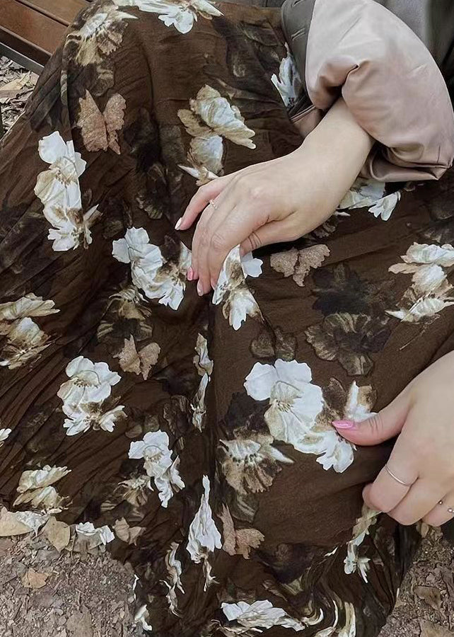 Coffee Wrinkled Print Exra Large Hem Cotton Skirts Spring