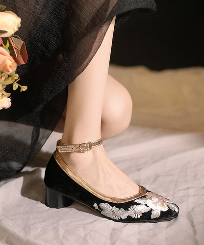 Coffee Embroidered Buckle Strap Velour Chunky High Heels