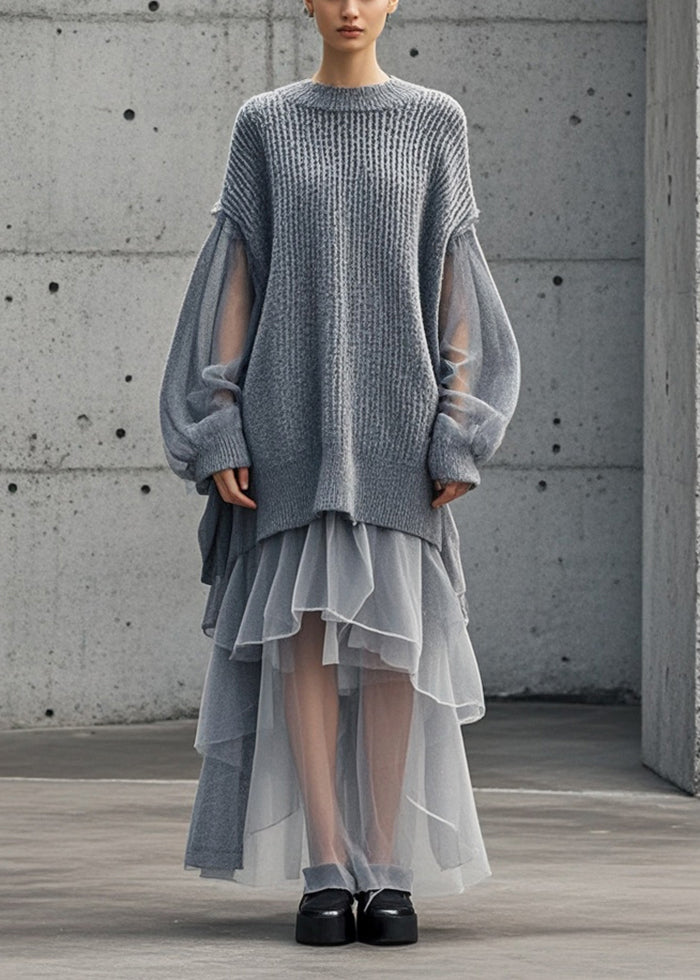 Grey Oversized Patchwork Tulle Sweater Dress Fall
