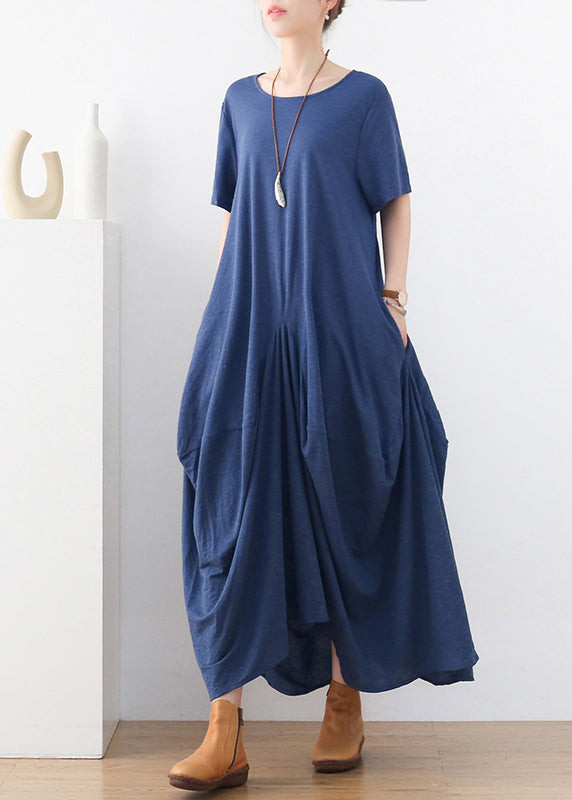 Brick Red Cotton Long Dress O-neck Asymmetrical Design Short Sleeve