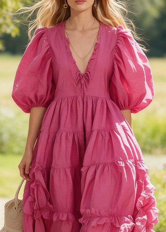 Rose Ruffled Exra Large Hem Cotton Dress Puff Sleeve