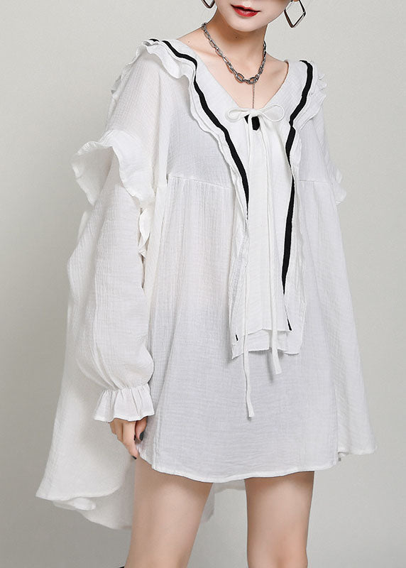 Italian White V Neck Loose Patchwork Fall Long Sleeve Dress