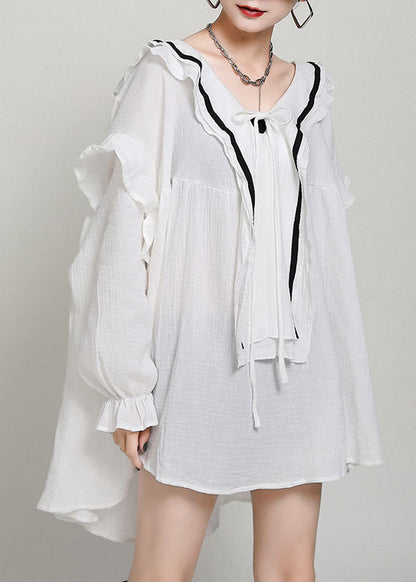 Italian White V Neck Loose Patchwork Fall Long Sleeve Dress
