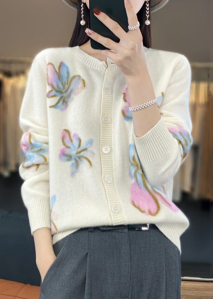 White O Neck Button Cotton Knit Coat Spring