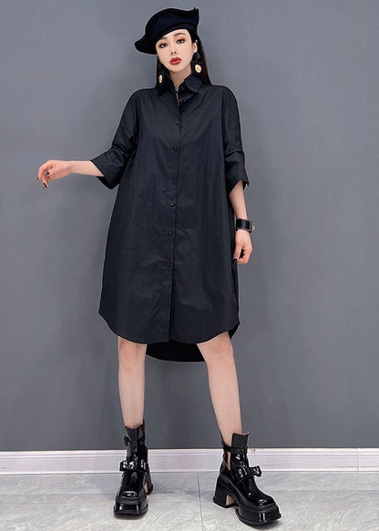 Black Original Design Peter Pan Collar Tulle Patchwork Cotton Shirt Dresses Long Sleeve