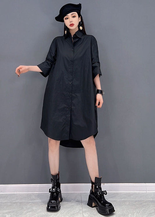 Black Original Design Peter Pan Collar Tulle Patchwork Cotton Shirt Dresses Long Sleeve