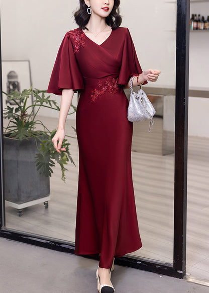 Classy Wine Red V Neck Embroideried Cotton Long Dresses Butterfly Sleeve