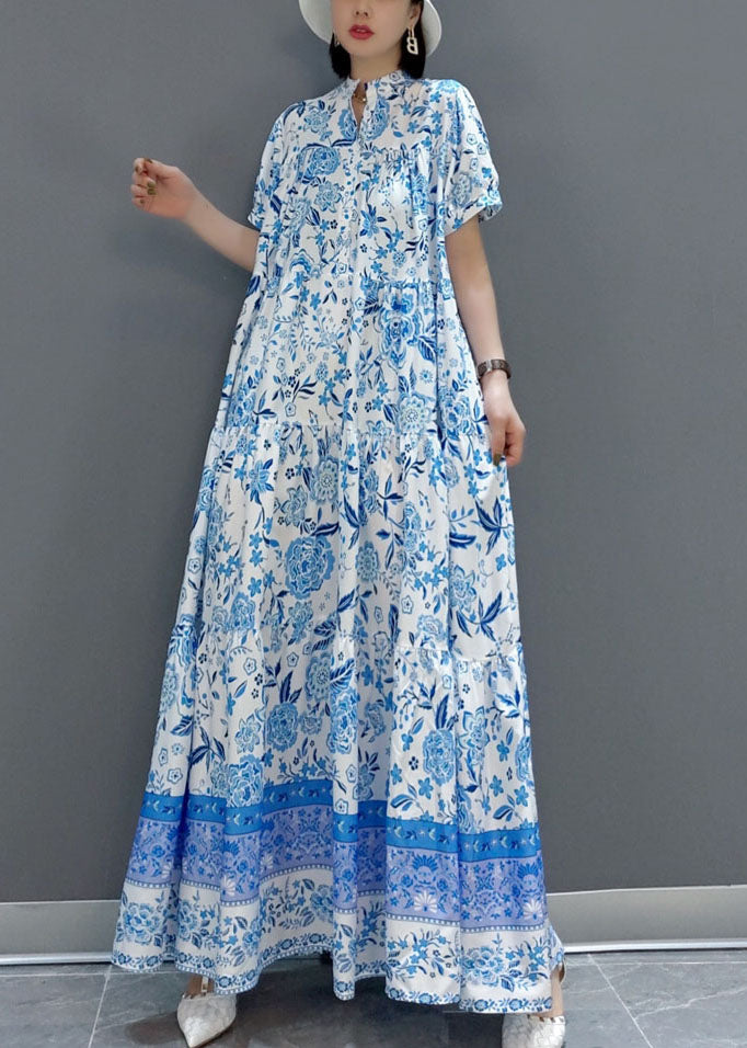 Blue Wrinkled Chiffon Long Dress Short Sleeve Summer
