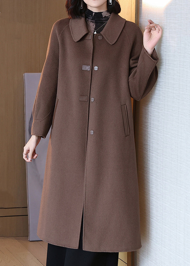 Coffee Wool Coats Peter Pan Collar Long Sleeve