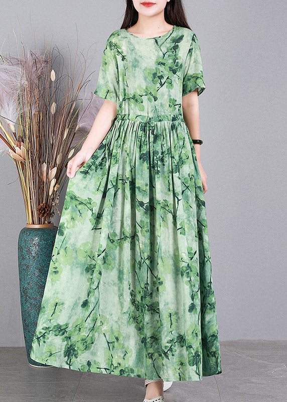 French Green O-neck Print Linen Long Dress Short Sleeve