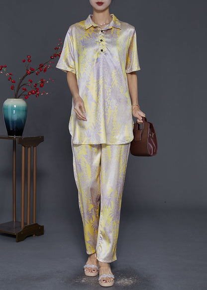 Yellow Peter Pan Collar Print Silk Two-piece Set Fall