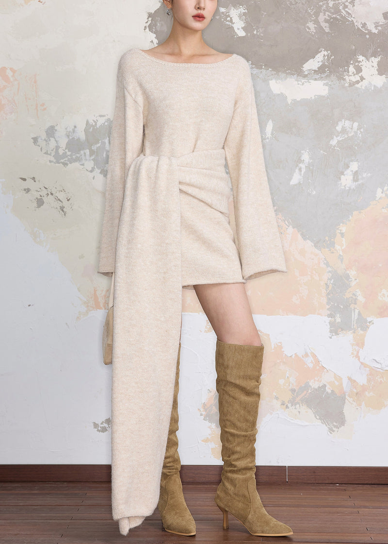 Beige Cozy Tie Waist Knit Sweater Dress Fall