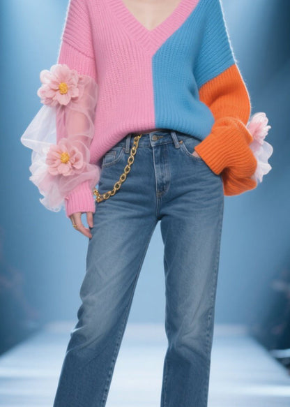 Colorblock V Neck Tulle Patchwork Knit Sweater Fall