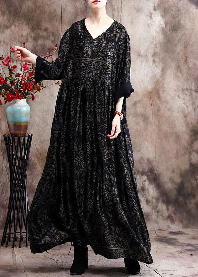 Luxy V Neck Black Print Silk Satin Dresses