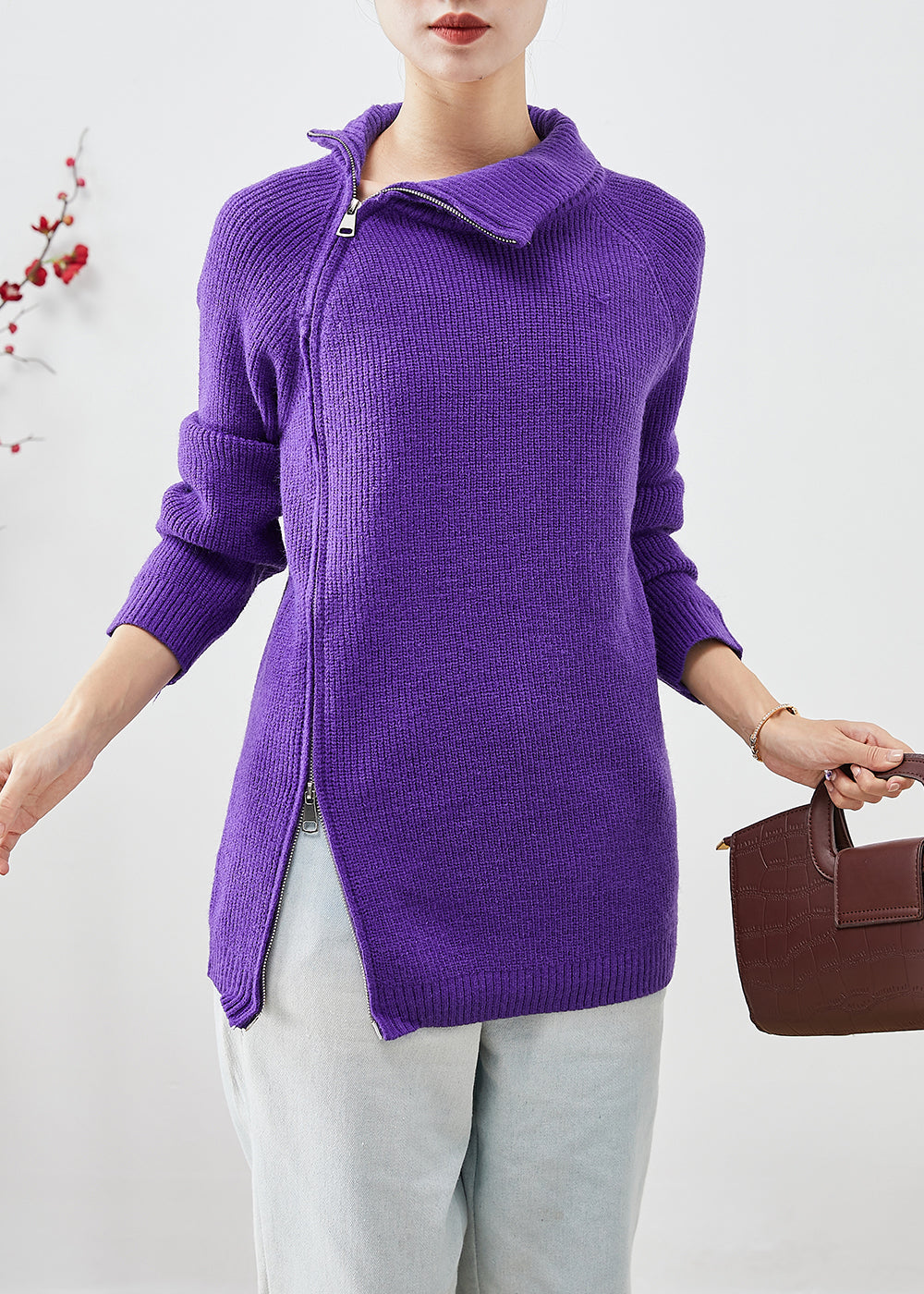 Purple Zip Up Thick Knit Short Sweater Winter