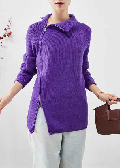 Purple Zip Up Thick Knit Short Sweater Winter