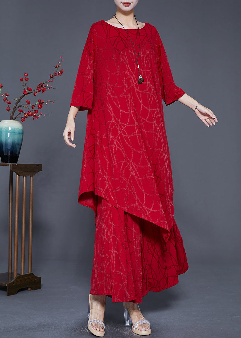 Red Asymmetrical Oversized Silk Two Pieces Set Summer