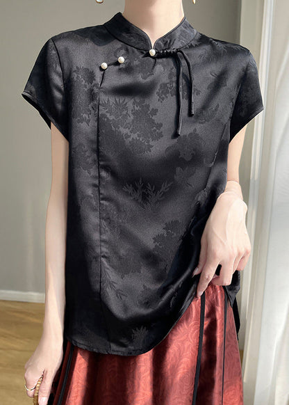 Chinese Style Black Button Silk Top Short Sleeve