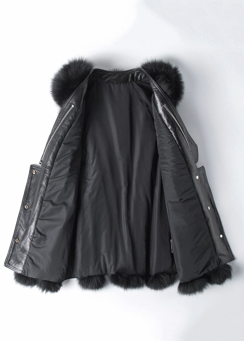 New Black Fox Collar Button Patchwork Leather and Fur Waistcoat Sleeveless