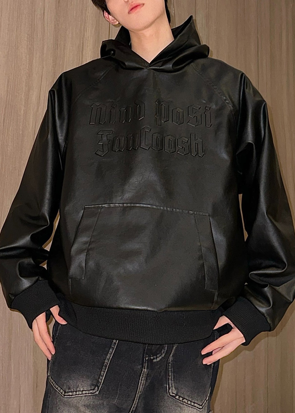 Black Hooded Pockets Faux Leather Neutral Sweatshirt Long Sleeve
