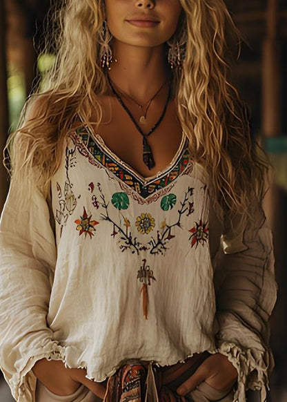 Beige V Neck Print Cotton Top Long Sleeve