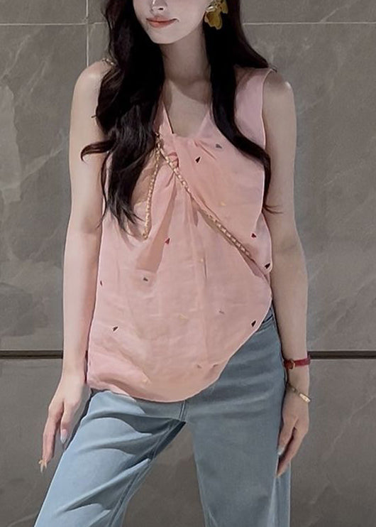Pink V Neck Print Cotton Shirt Sleeveless