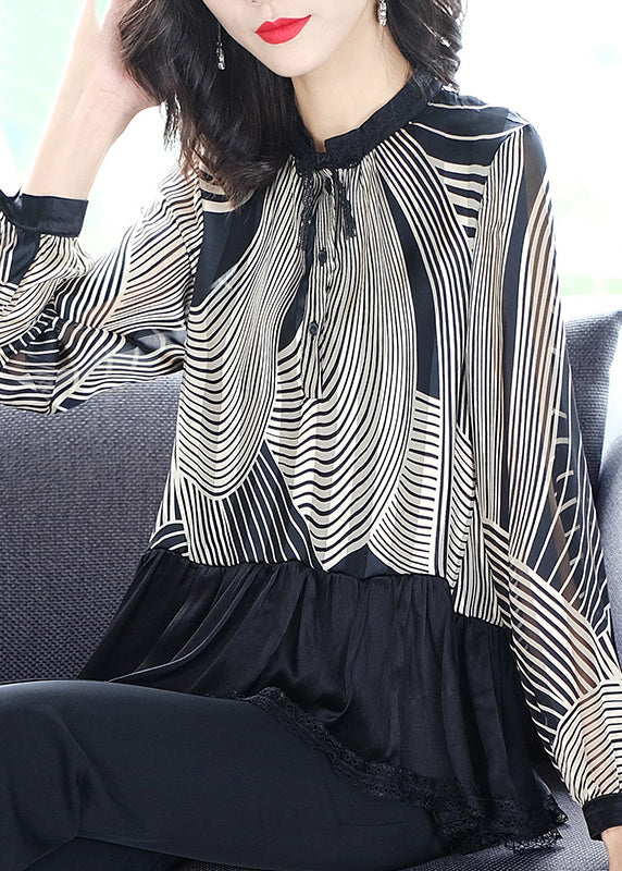 Black Stand Collar Patchwork Striped Button Chiffon Shirts Long Sleeve