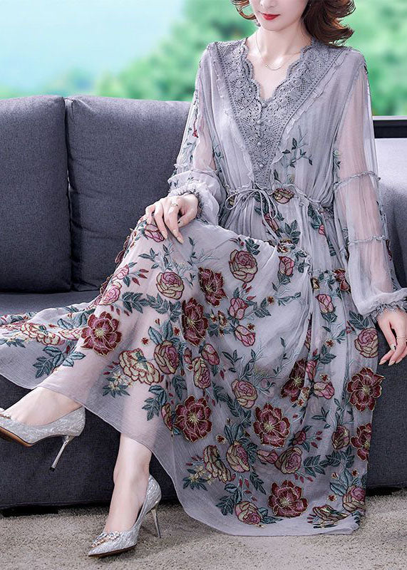 Grey V Neck Patchwork Embroideried Silk Cinched Dress Lantern Sleeve