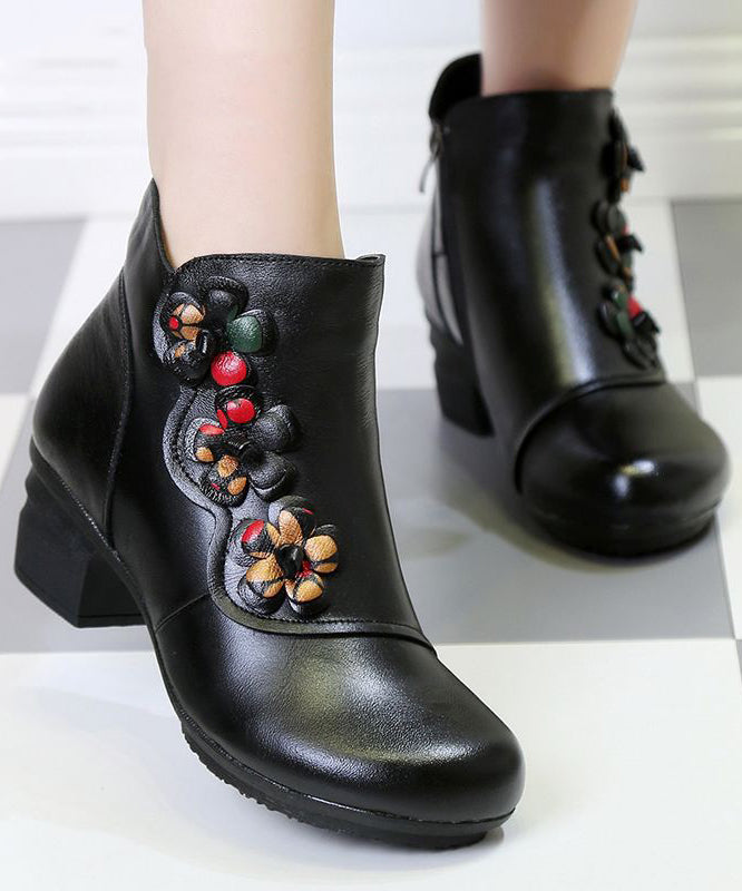 Black Chunky Heel Cowhide Leather Splicing Boots