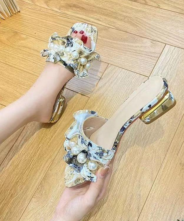 Diy Light Yellow Pearl Faux Leather Peep Toe Thong Sandals
