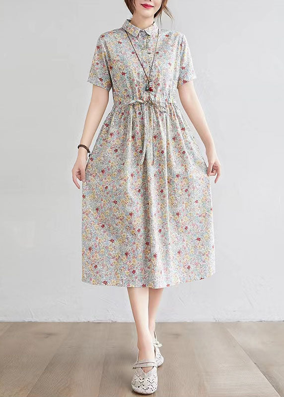 Half Sleeve O-neck Pleated Print Maxi Dress