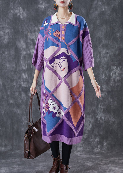Purple Peter Pan Collar Print Knit Long Sweater Half Sleeve