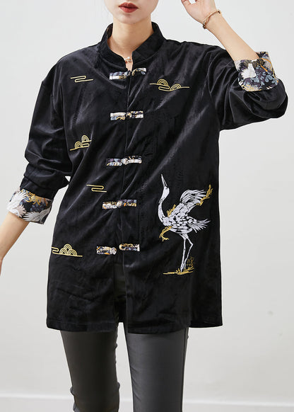 Black Embroideried Chinese Button Silk Velour Jackets Fall
