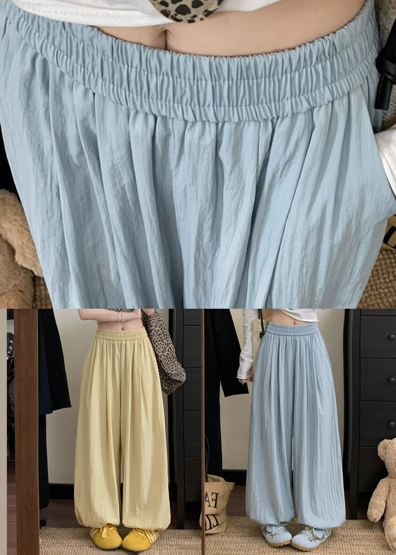 Blue Pockets Elastic Waist Cotton Pants Fall