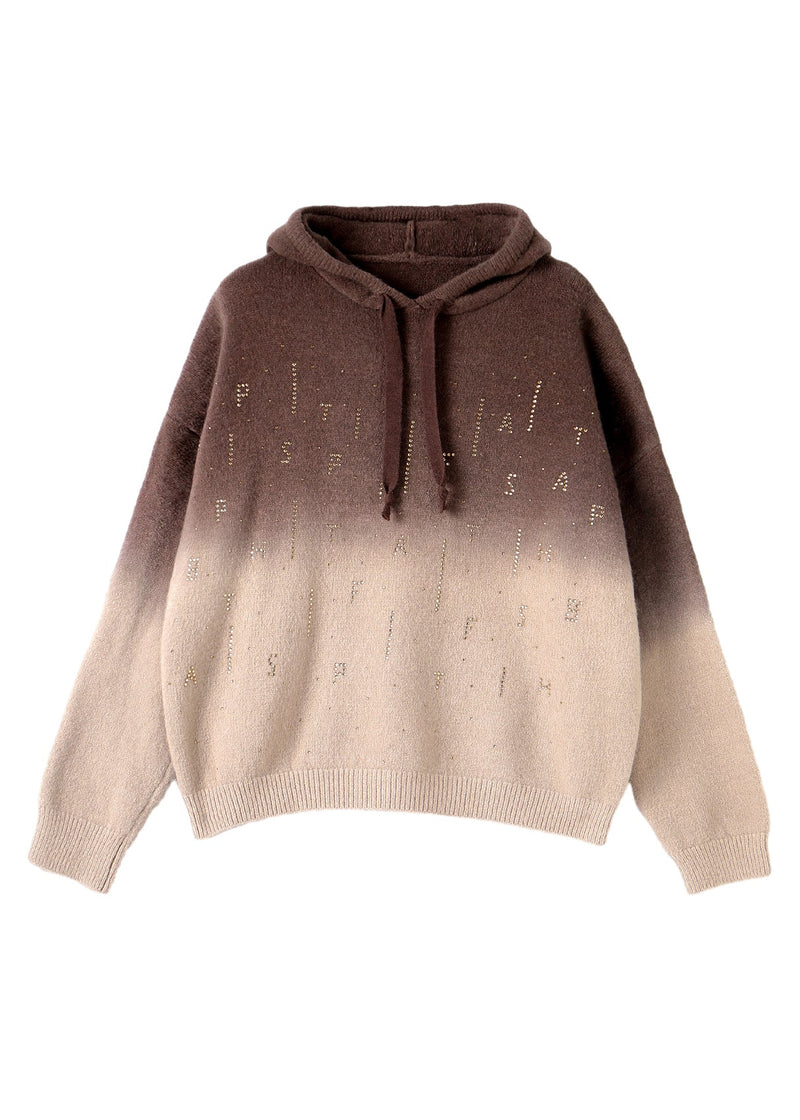 Khaki Hooded Gradient Color Knit Sweatshirts Top Winter