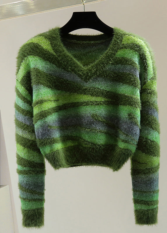 Green V Neck Thick Striped Cotton Knit Sweater Winter