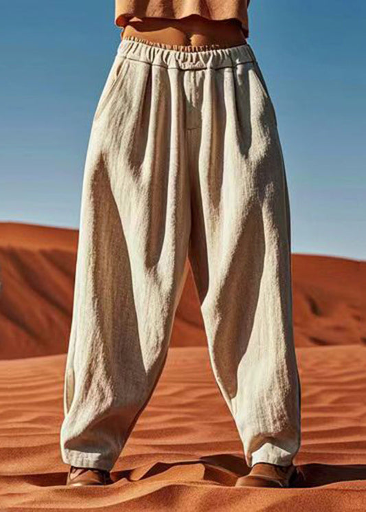 Linen Patchwork Elastic Waist Waist Wide Pants