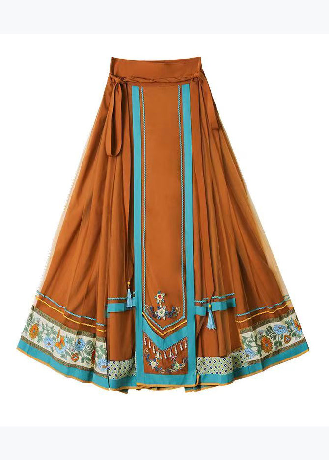 Original Orange Wrinkled Print High Waist Tulle Skirt Spring
