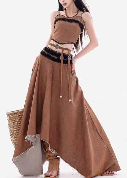 French Coffee Lace Tank and Skirts Denim Two Pieces Set Sleeveless