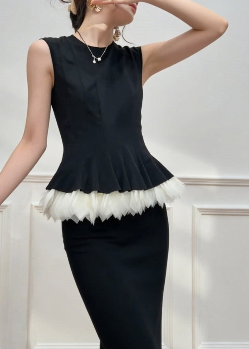 Black O-neck Patchwork Top and Maxi Skirts Two Pieces Set Summer