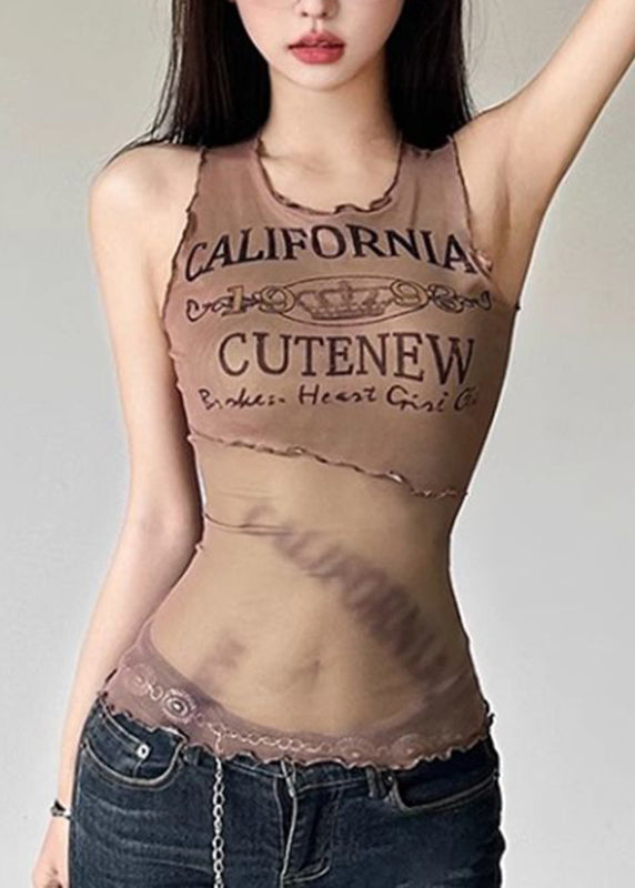 Fitted Coffee O-neck Graphic Ruffled Tulle Tops Sleeveless