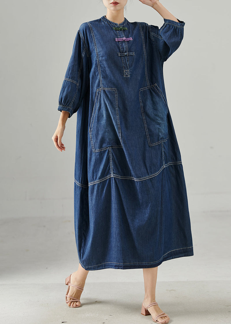 Navy Oversized Chinese Button Denim Dress Bracelet Sleeve Spring