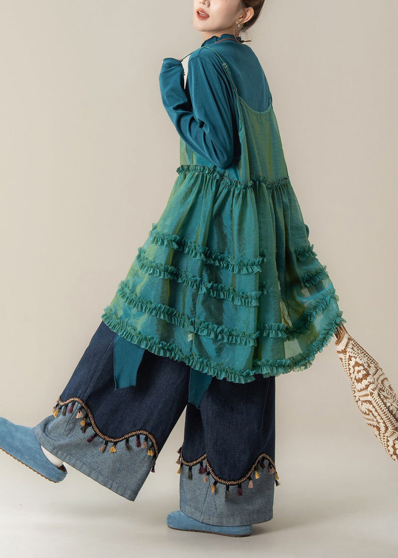 Blue Ruffled Spaghetti Strap Dress T Shirt and Pants Three Piece Suit Set Spring