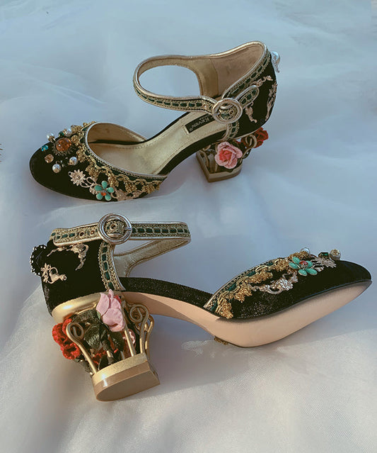 Palace Feng Zircon Flower Black Buckle Strap High Heels
