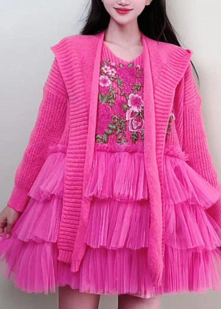 Rose Embroideried Knit Tulle Patchwork and Cape Two Piece Set Fall