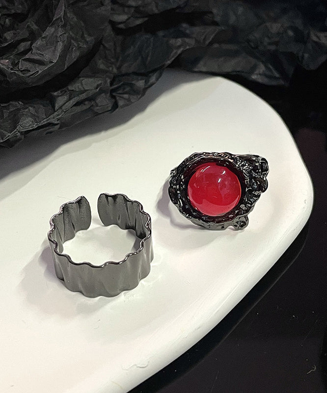 Retro Black Metal Gem Stone Rings Two Piece Set