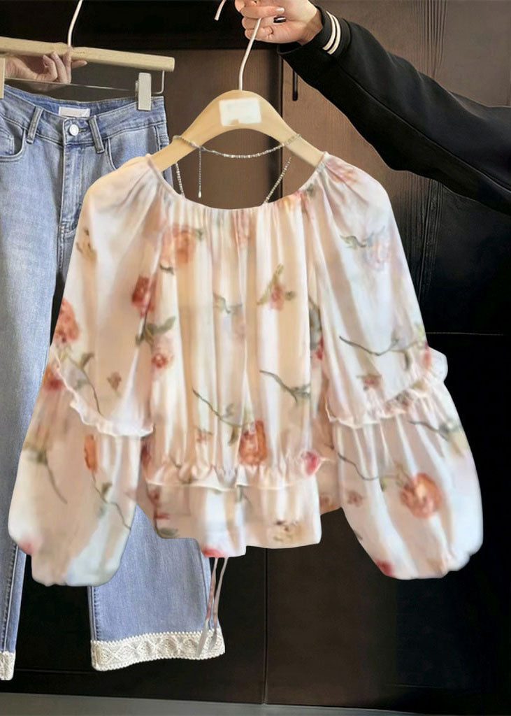 V Neck Tie Lace Print Ruffled Shirts Fall